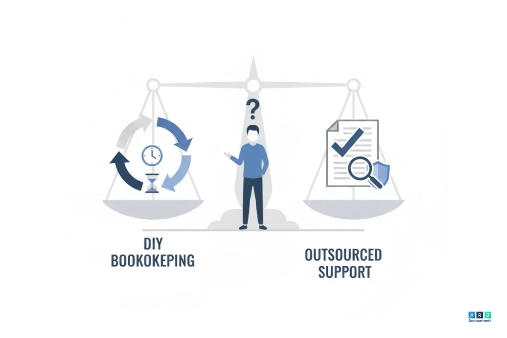 A small business owner sitting at a desk reviewing financial documents and considering whether to handle bookkeeping themselves or hire a professional