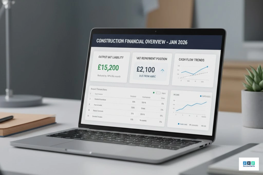 A contractor or subcontractor reviewing a VAT return and cash flow statement on a desk, illustrating the financial impact of the CIS reverse charge