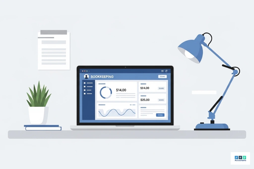A person at a computer using bookkeeping software, with a clean and simple interface on screen, representing beginner friendly accounting tools for UK small businesses