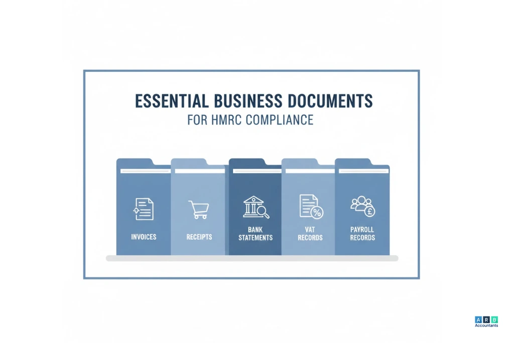 A folder and printed financial records laid out on a desk, representing the business records that HMRC requires small businesses to keep for tax purposes