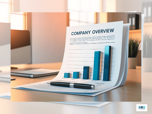 Balance sheet document titled “Company Overview” with bar charts and a pen.