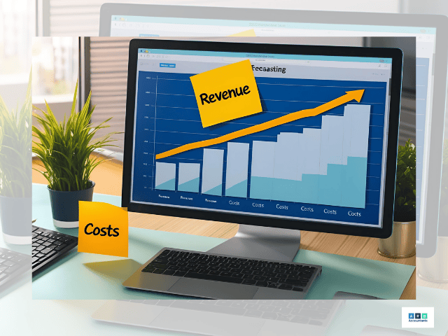 Forecasting graph on a computer screen with post-it notes marked “Revenue” and “Costs.”