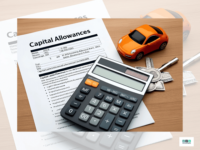 Capital allowances document next to a calculator and a small toy car.