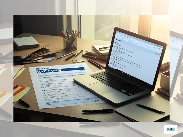 VAT form marked with checklist ticks beside a laptop showing GOV.UK.