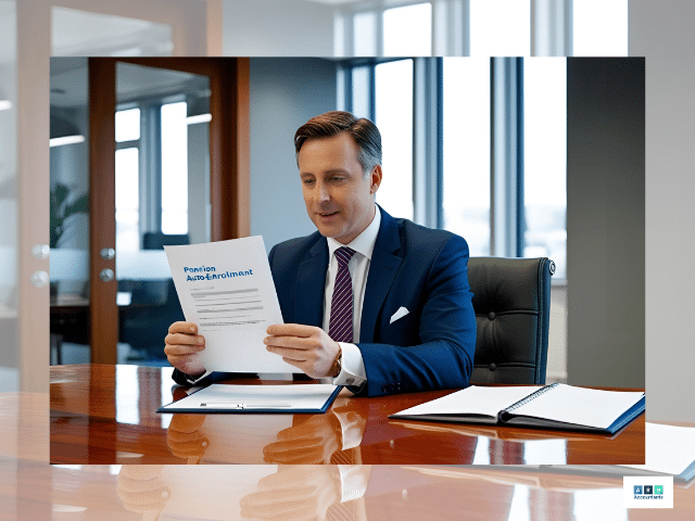A man in a suit sits at a desk, focused on a piece of paper in front of him.