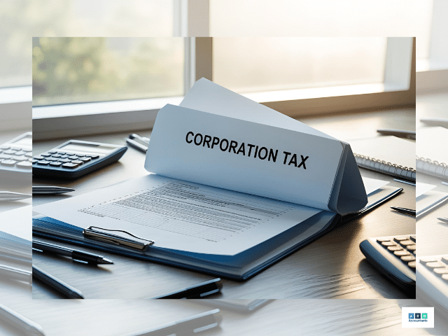 Open tax folder labeled “Corporation Tax” on a company accountant’s desk.